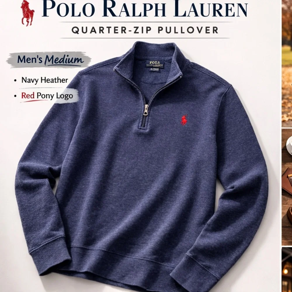 Polo Ralph Lauren Navy Quarter Zip Pullover Men’s Med Red Pony Mock Neck Sweater